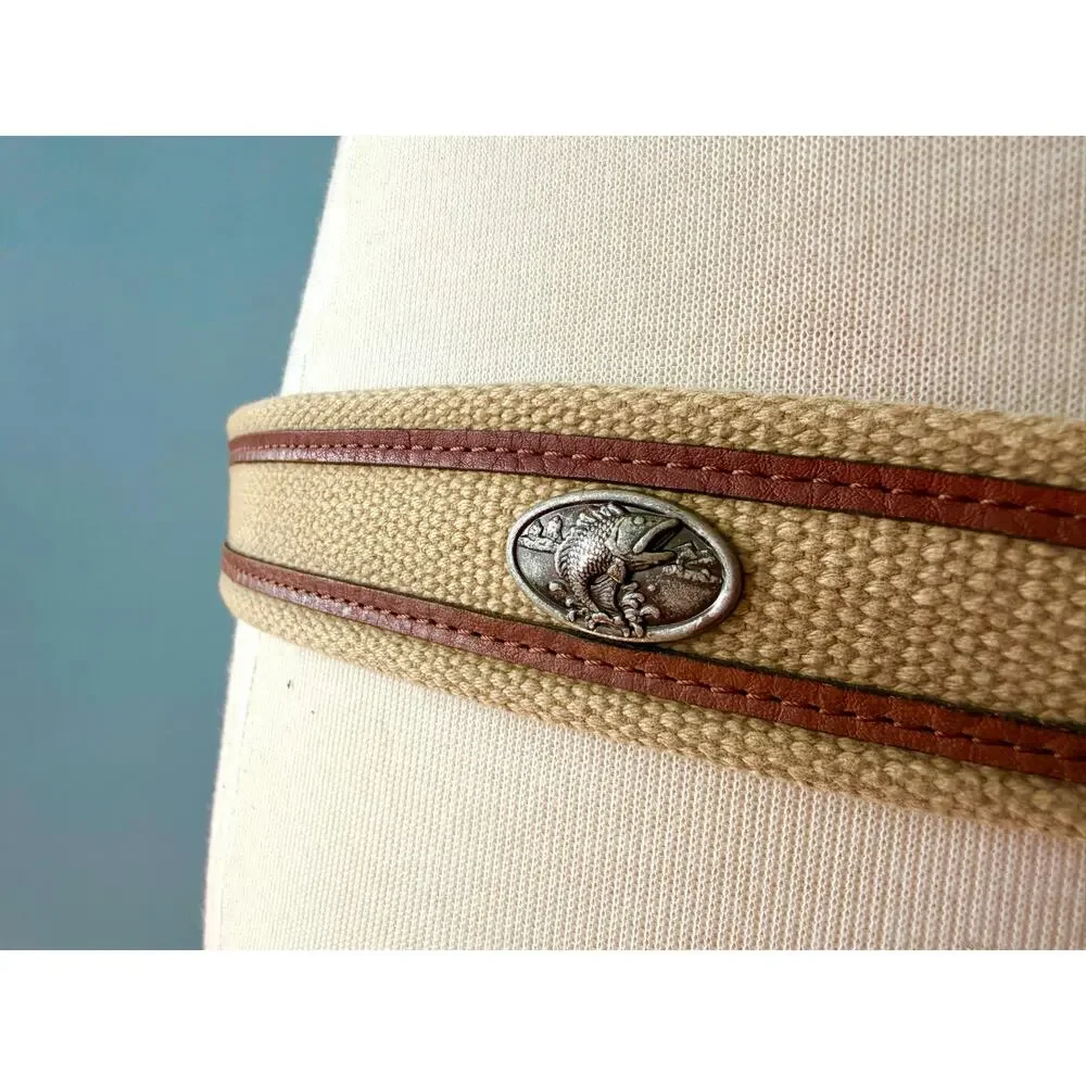Fish Themed Wide Tan Cotton/Leather Belt Mens sz 40